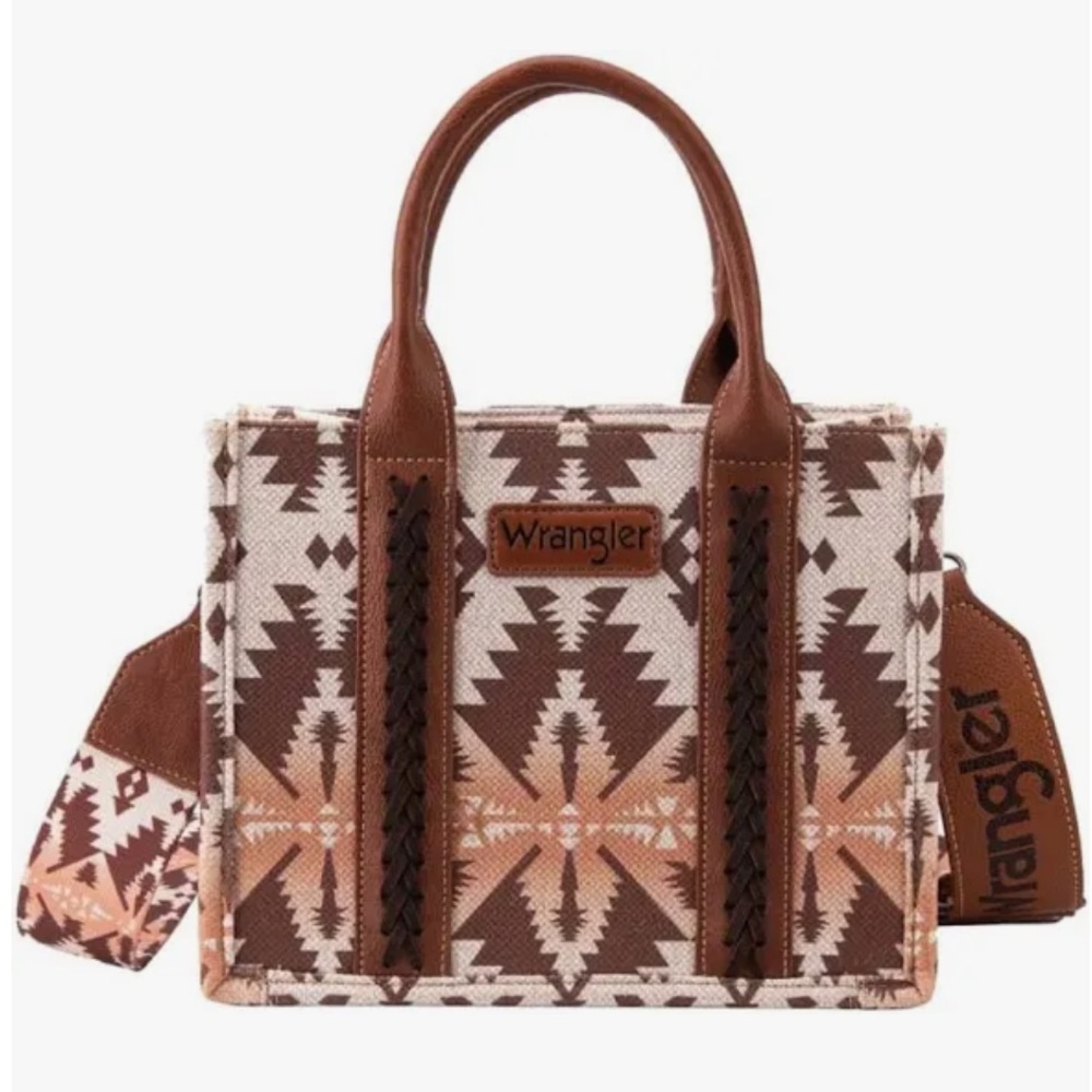 Wrangler Ladies Light Coffee Allover Aztec Crossbody Canvas Tote with Strap